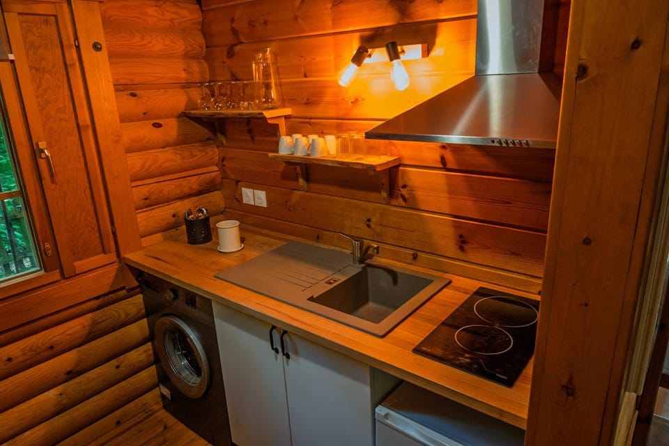 Kitchen or kitchenette, stove, washing machine