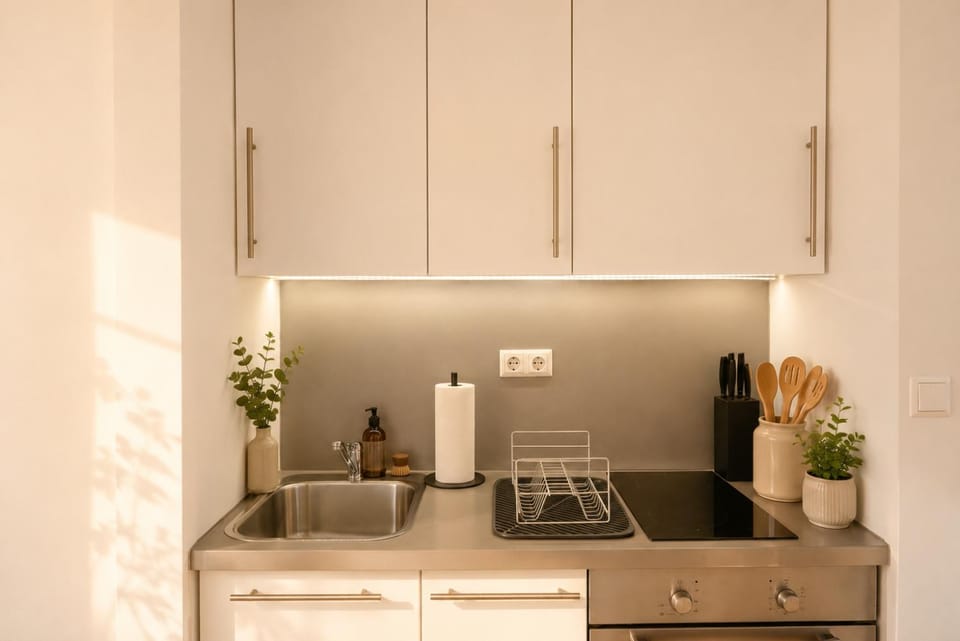 Kitchen or kitchenette, stove, kitchen