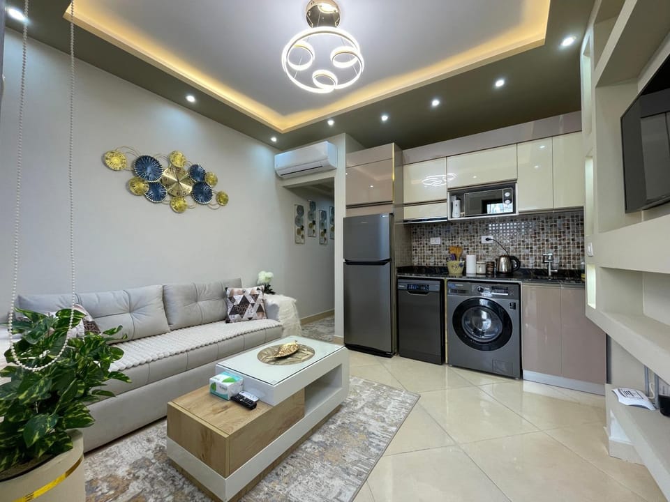 Kitchen or kitchenette, Living room, Seating area, dishwasher, stove, washing machine