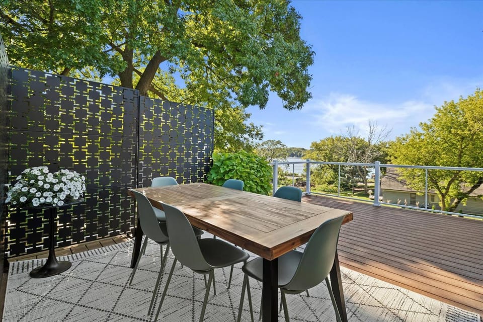 Patio, Seating area, Dining area, Lake view