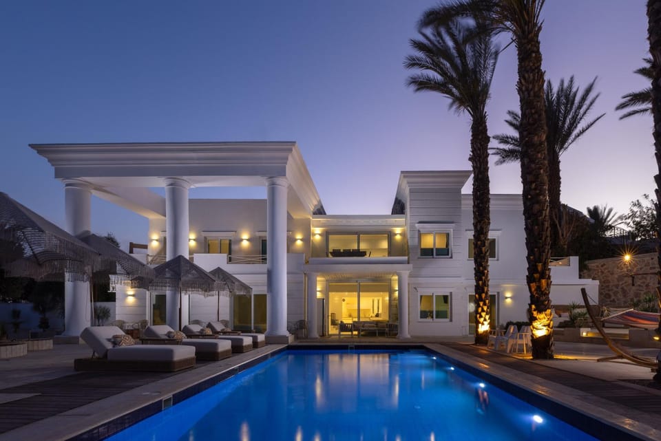 Property building, Night, Swimming pool, sunbed