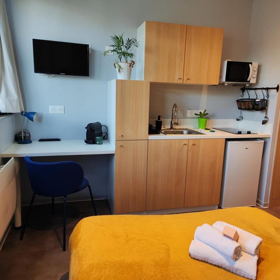 Bed, TV and multimedia, Kitchen or kitchenette, Photo of the whole room, Bedroom, towels