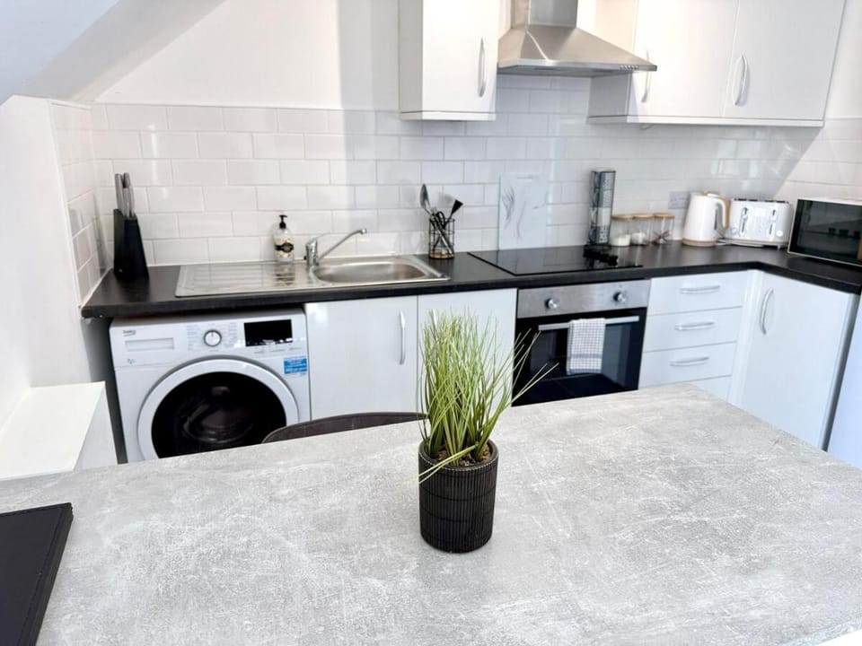Kitchen or kitchenette, oven, stove, toaster, washing machine
