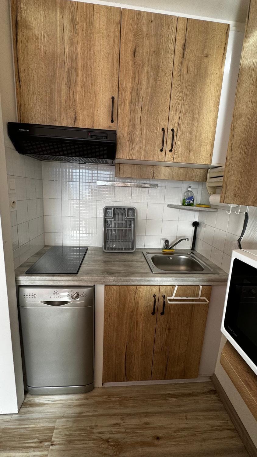 Kitchen or kitchenette, dishwasher, stove