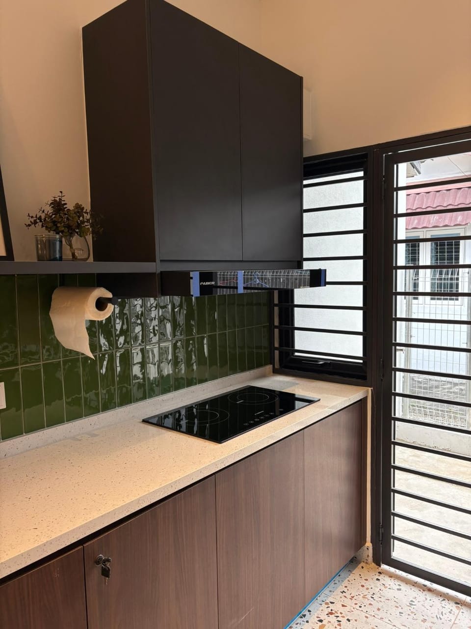 Kitchen or kitchenette, stove