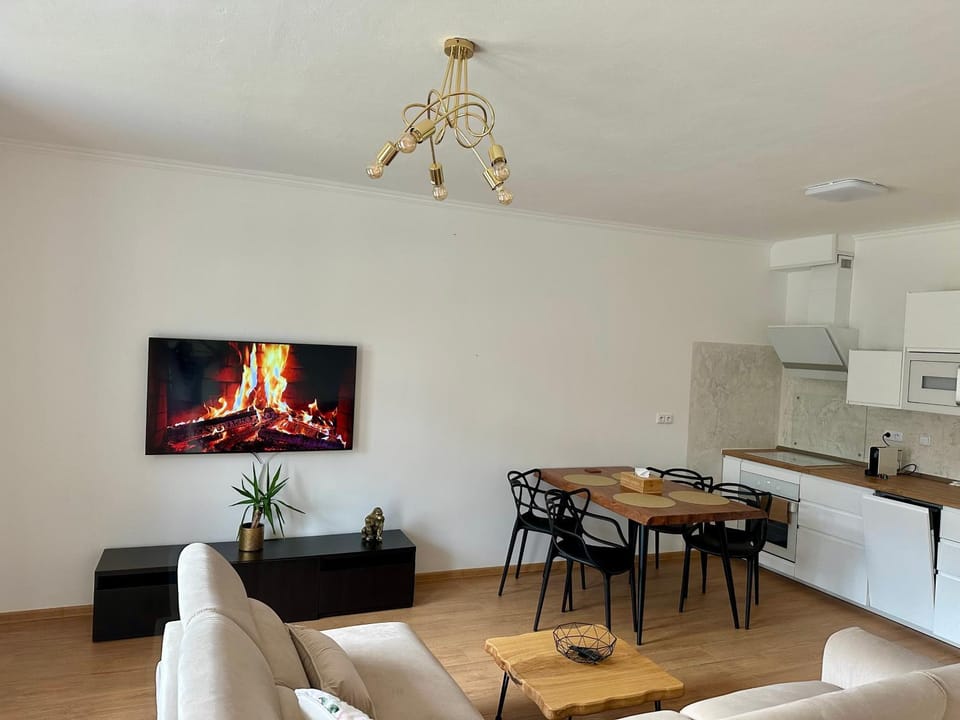 Kitchen or kitchenette, Living room, Seating area, Dining area, stove