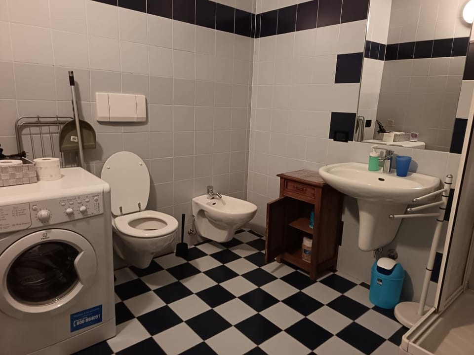 Toilet, Bathroom, bidet, towels, washing machine
