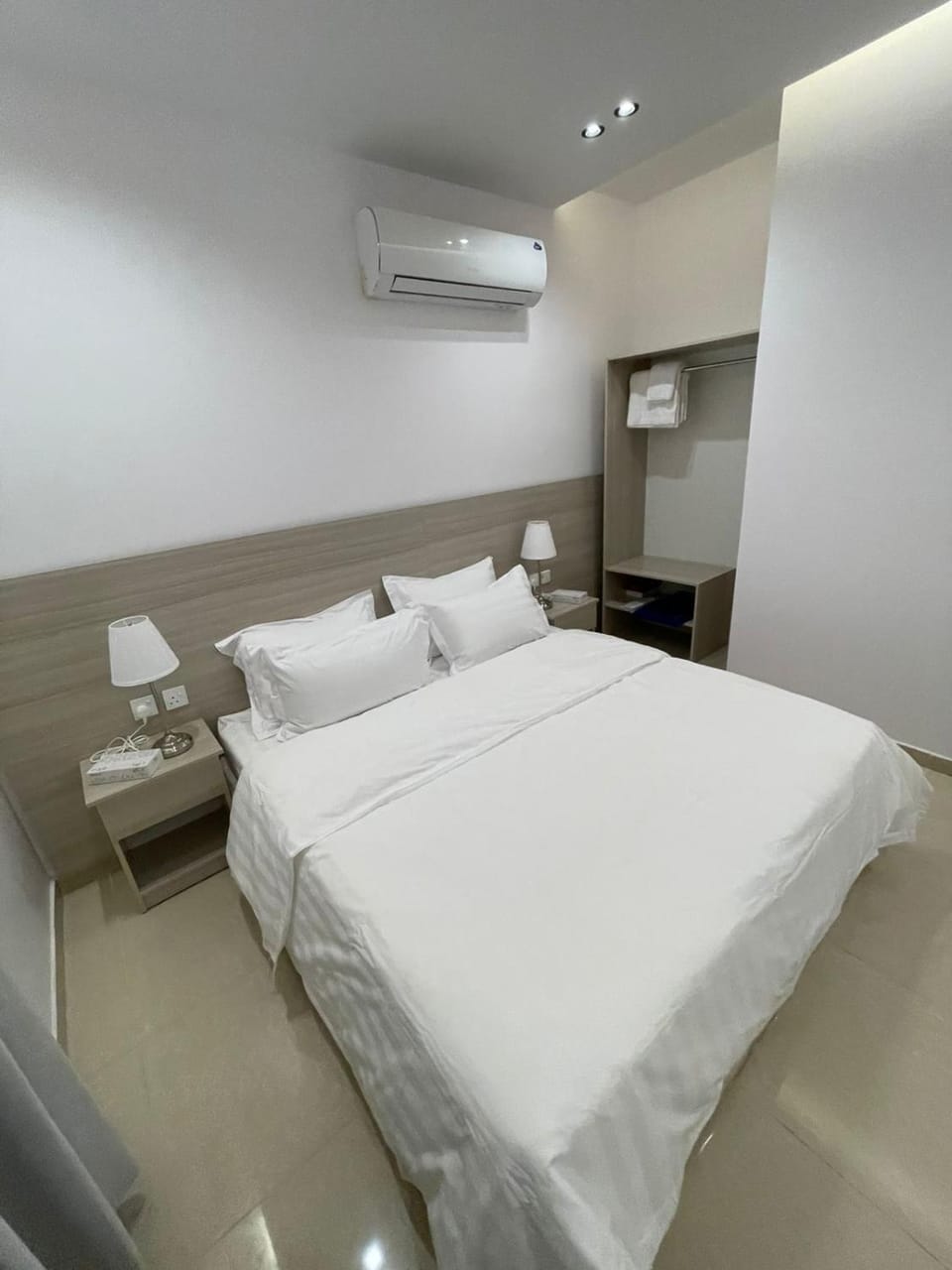 Bed, Photo of the whole room, Bedroom, towels, air conditioner