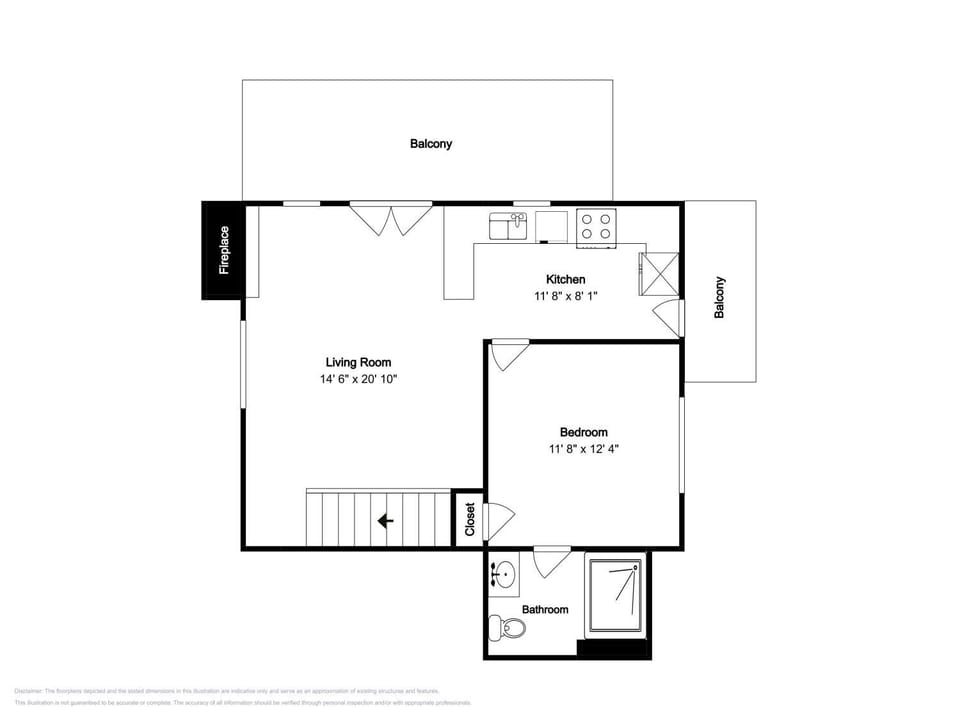 Bathroom, Balcony/Terrace, Kitchen or kitchenette, Living room, Floor plan, Bedroom, fireplace