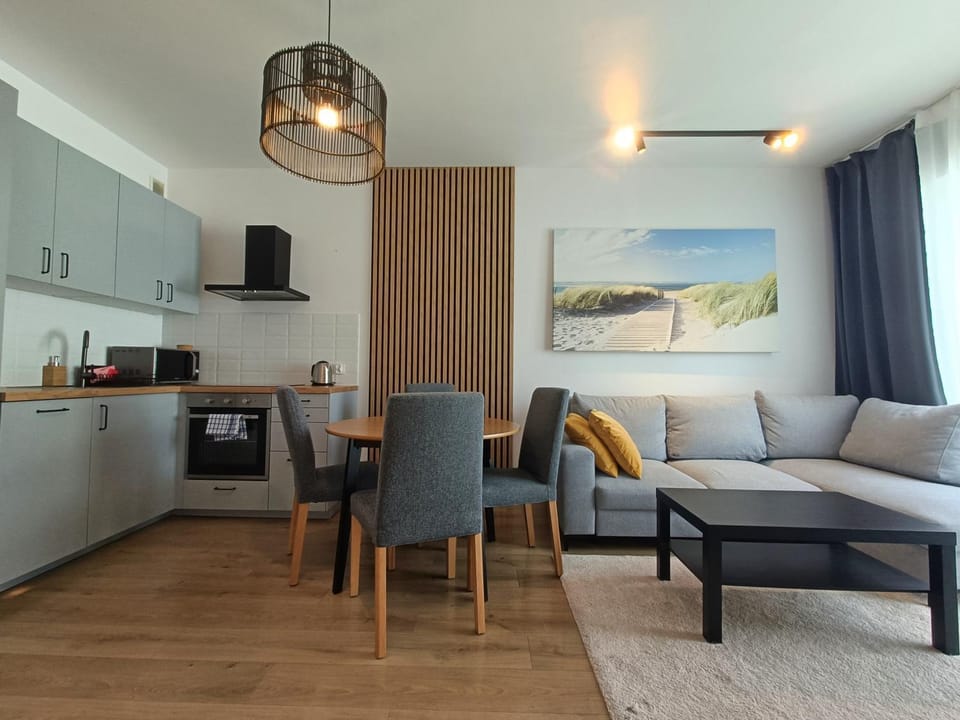Kitchen or kitchenette, Living room, Seating area, Dining area