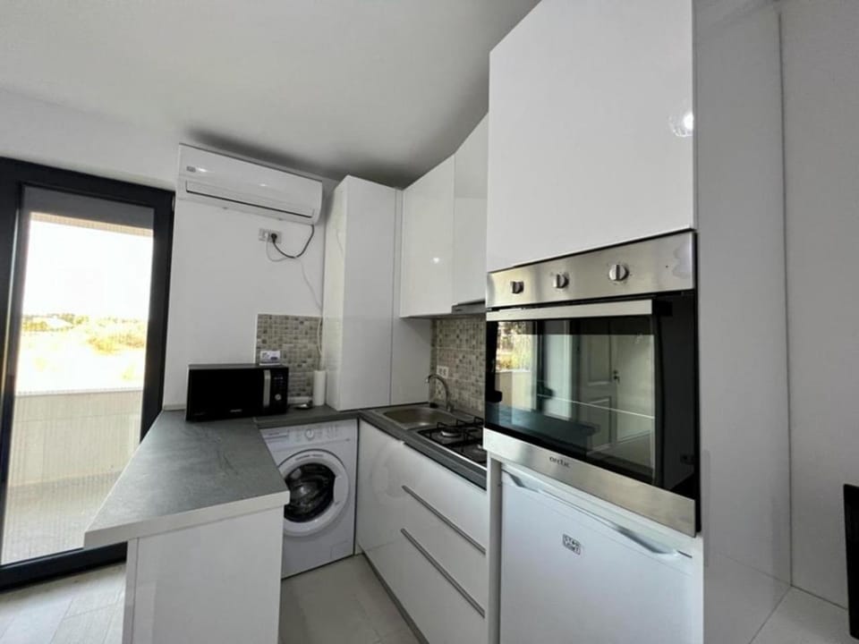 Kitchen or kitchenette, oven, stove, washing machine