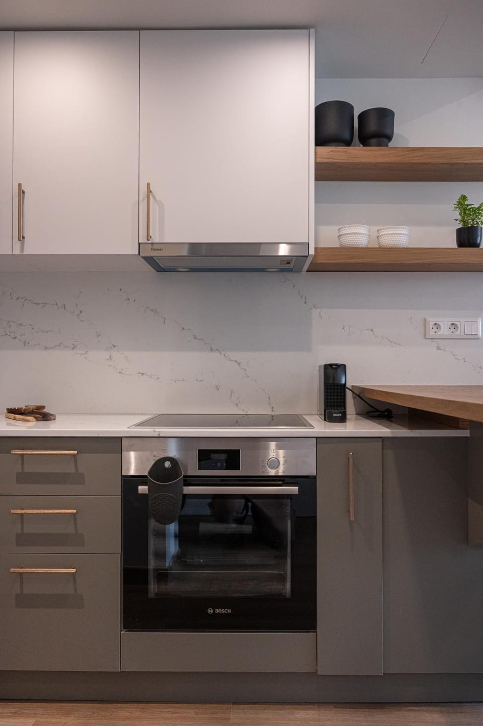 Kitchen or kitchenette, stove