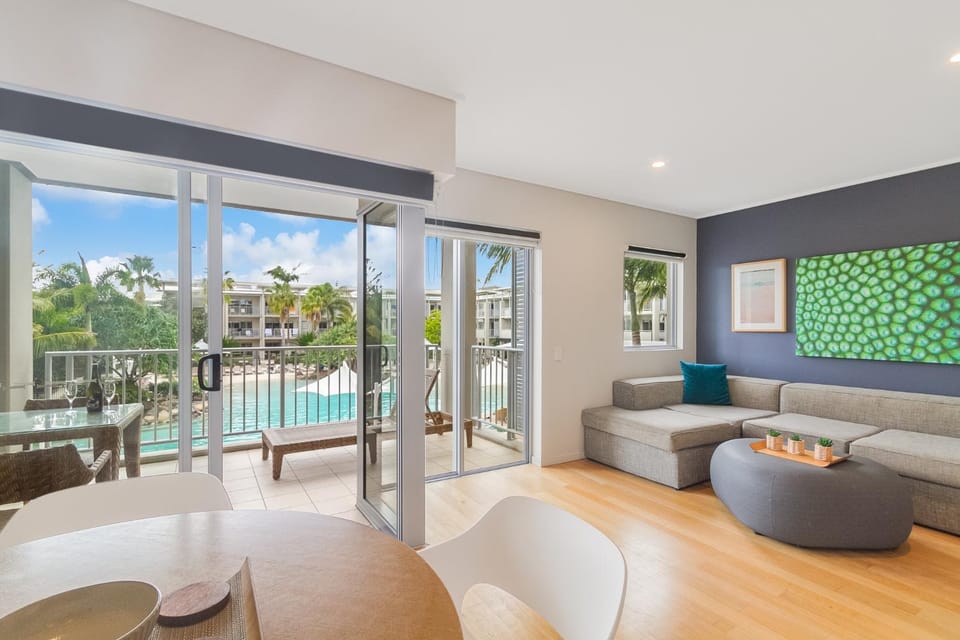 Living room, Seating area, Dining area, Pool view