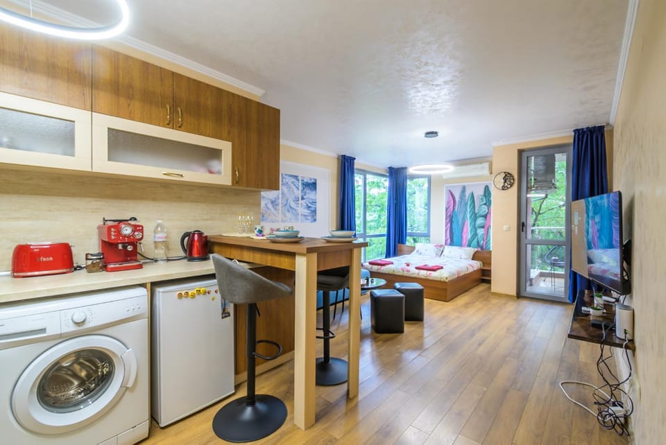 Bed, TV and multimedia, Kitchen or kitchenette, Living room, Photo of the whole room, Seating area, Bedroom, minibar, oven, pet friendly, stove, toaster, towels, washing machine, dryer