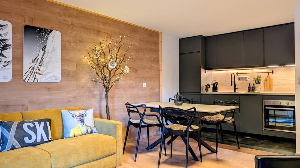 Living room, Dining area, oven, stove, toaster, kitchen