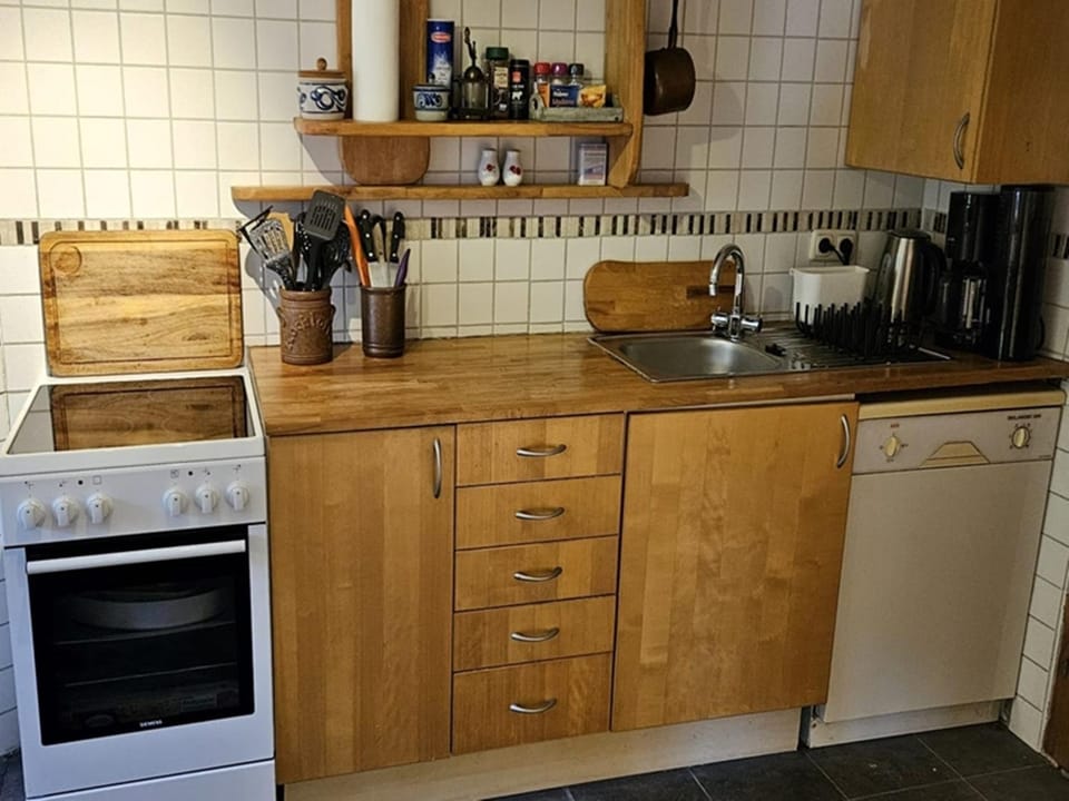 Kitchen or kitchenette, dishwasher, oven, stove
