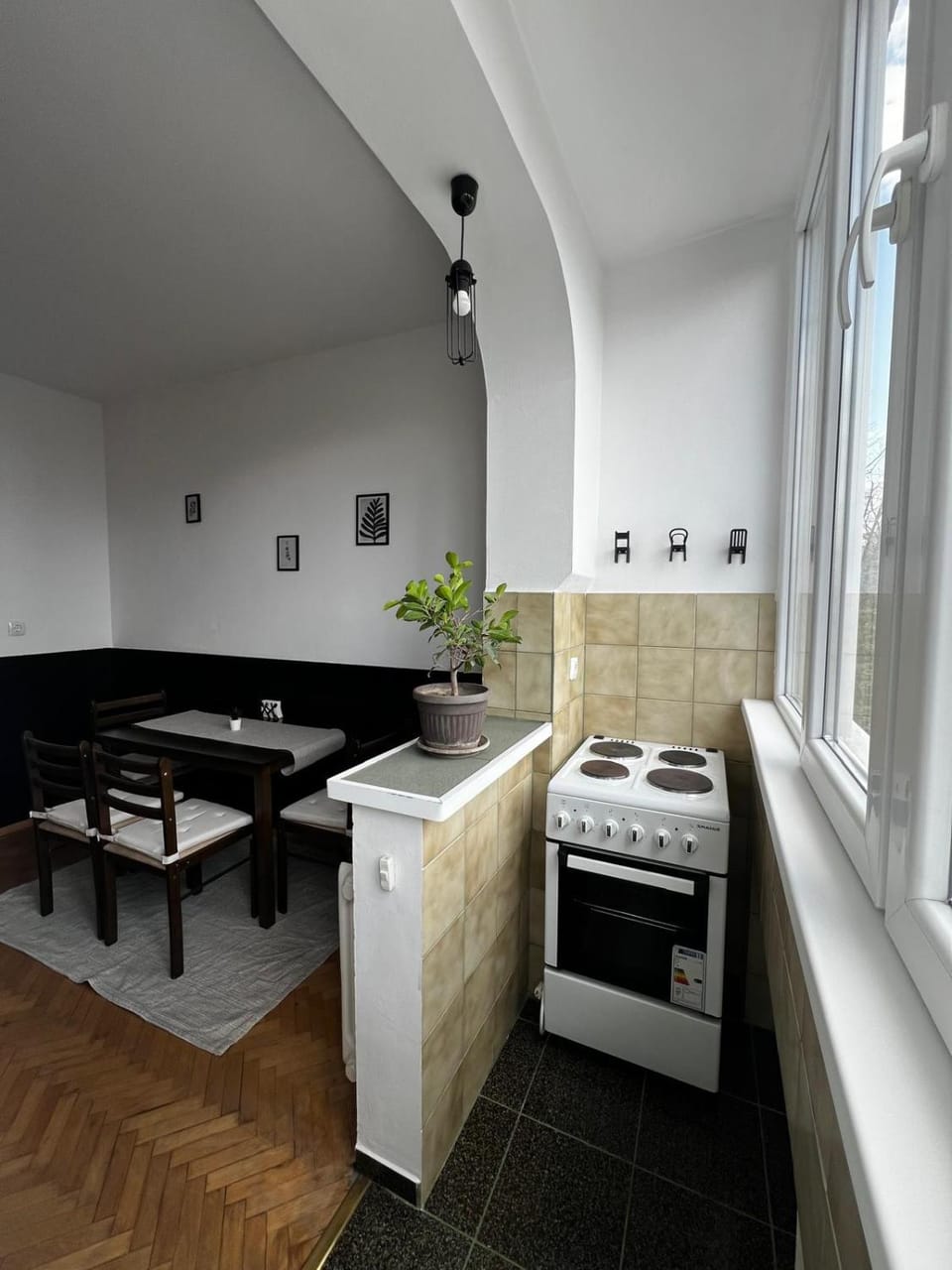 Kitchen or kitchenette, Living room, Seating area, Dining area, stove