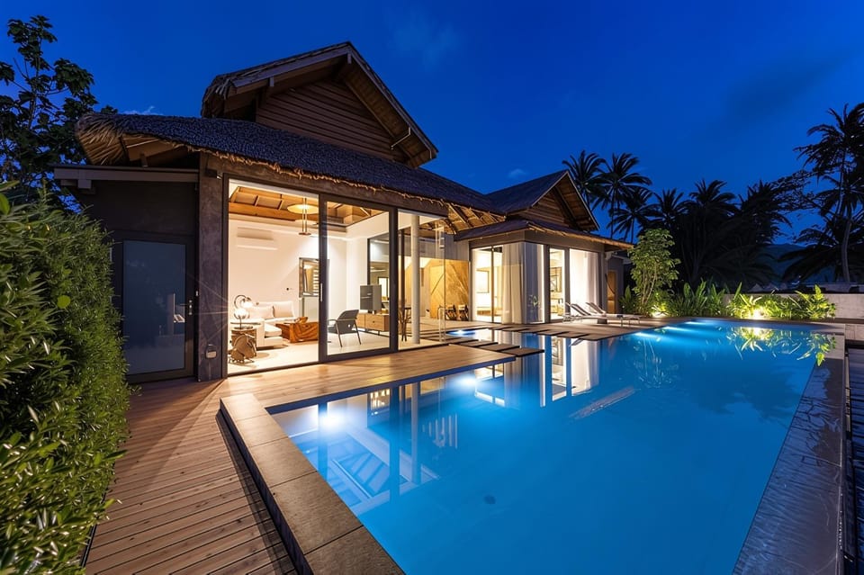 Property building, Night, Pool view, Swimming pool