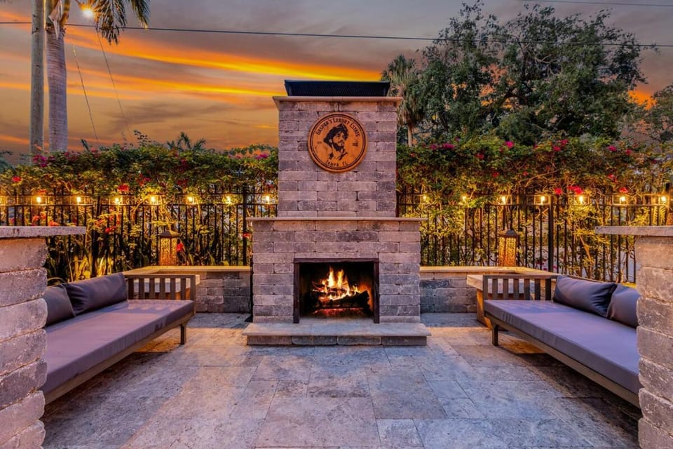 Natural landscape, Sunset, fireplace, sunbed