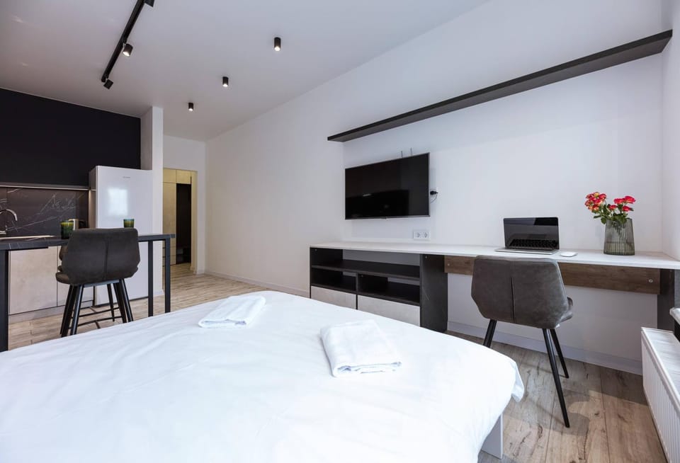 Bed, TV and multimedia, Kitchen or kitchenette, Photo of the whole room, Dining area, Bedroom