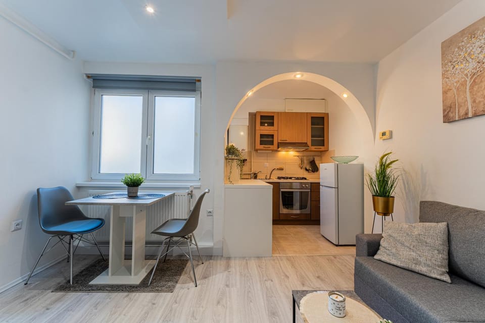 Kitchen or kitchenette, Living room, Seating area, Dining area, stove