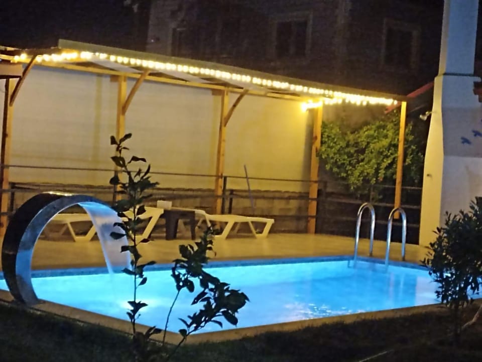 Patio, Night, Natural landscape, Pool view, Swimming pool, sunbed