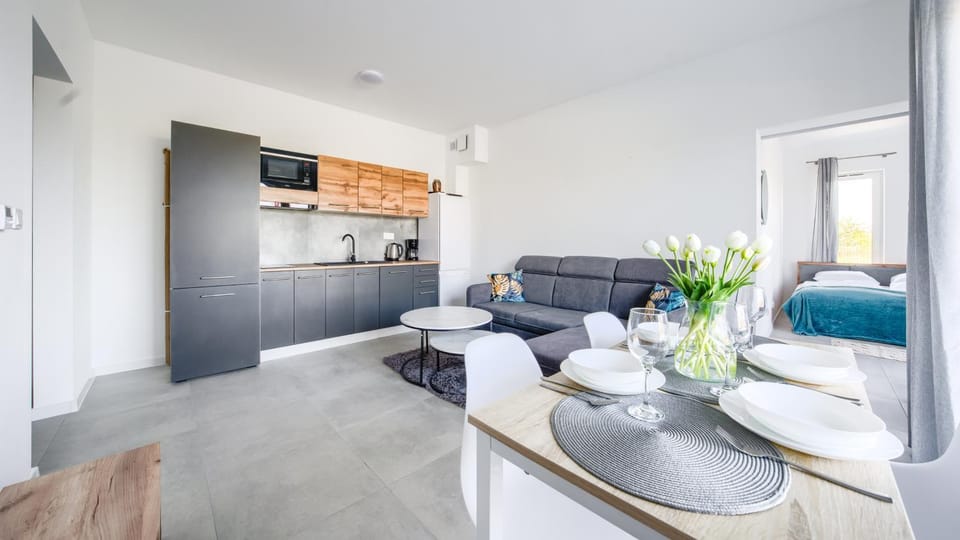 Kitchen or kitchenette, Living room, Seating area, Dining area