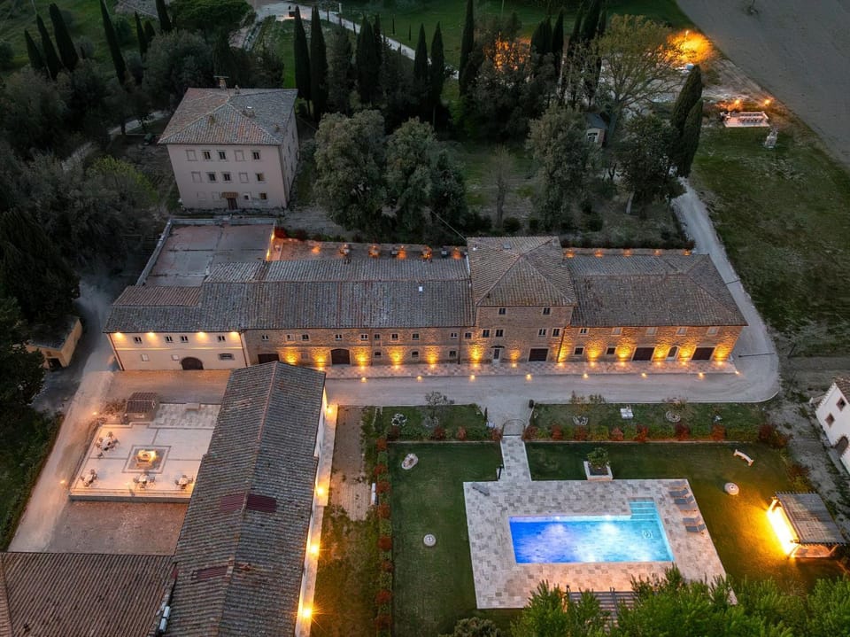 Property building, Night, Bird's eye view, Pool view, Swimming pool
