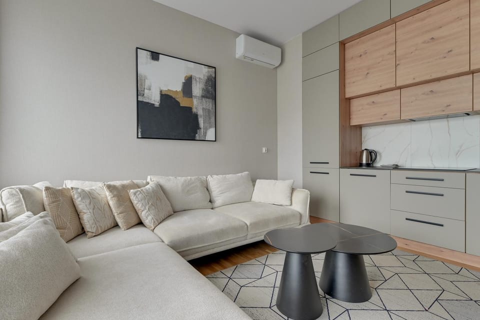 Kitchen or kitchenette, Living room, Seating area, air conditioner