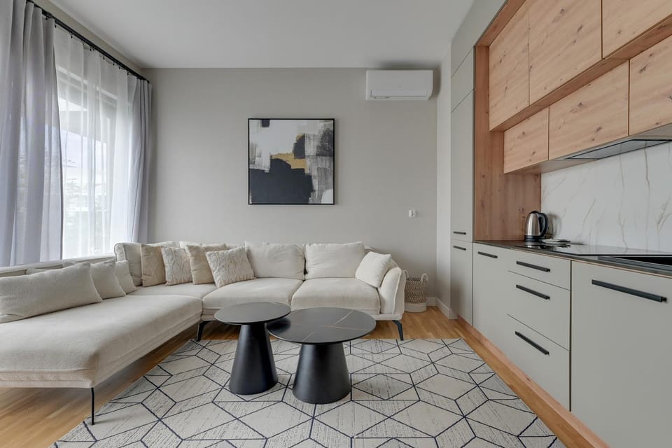 Kitchen or kitchenette, Living room, Seating area, air conditioner