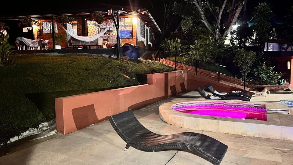 Property building, Night, Natural landscape, Garden, Garden view, Pool view, Swimming pool, sunbed