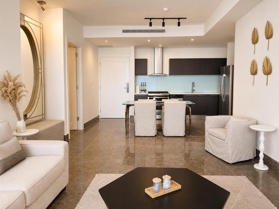 Kitchen or kitchenette, Living room, Seating area, Dining area
