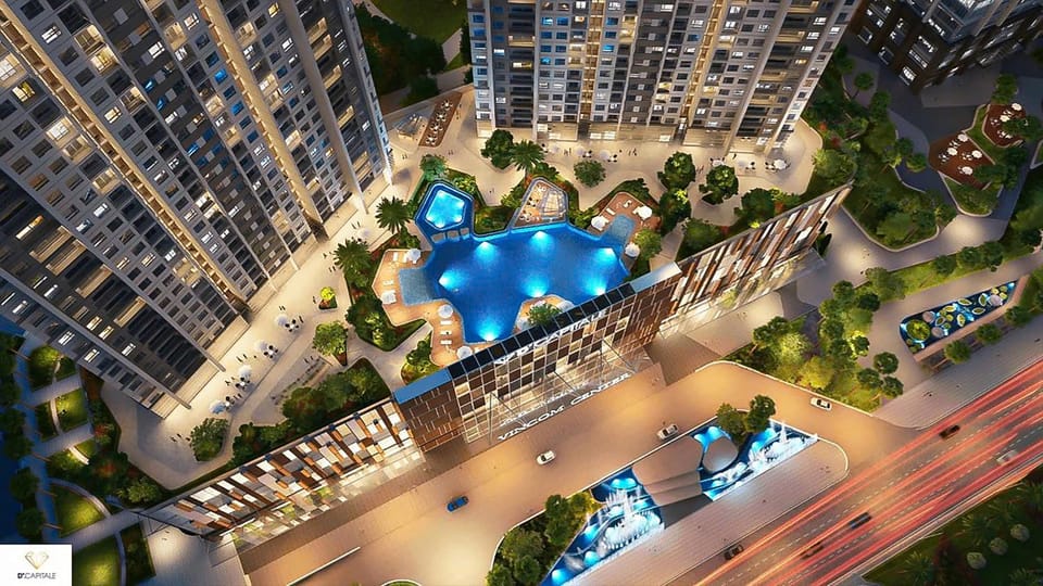 Property building, Night, Bird's eye view, Pool view, Swimming pool