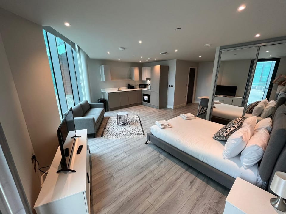 Bed, TV and multimedia, Kitchen or kitchenette, Living room, Photo of the whole room, Seating area, Bedroom