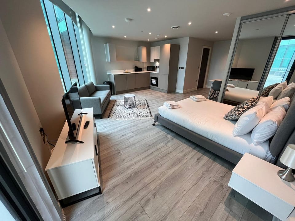 Bed, TV and multimedia, Kitchen or kitchenette, Living room, Photo of the whole room, Seating area, Bedroom