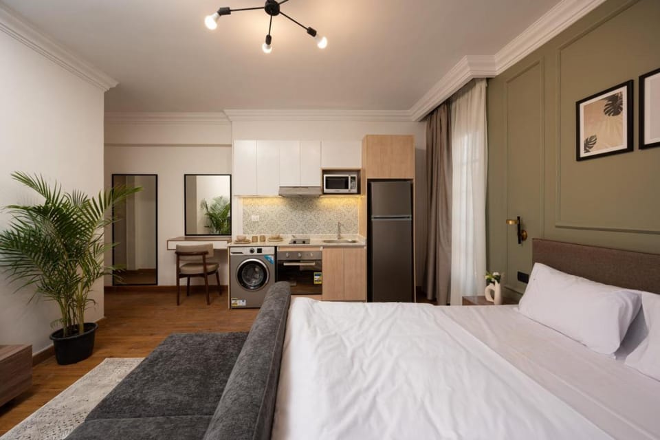 Bed, Kitchen or kitchenette, Living room, Photo of the whole room, Seating area, Bedroom, oven, washing machine, dryer