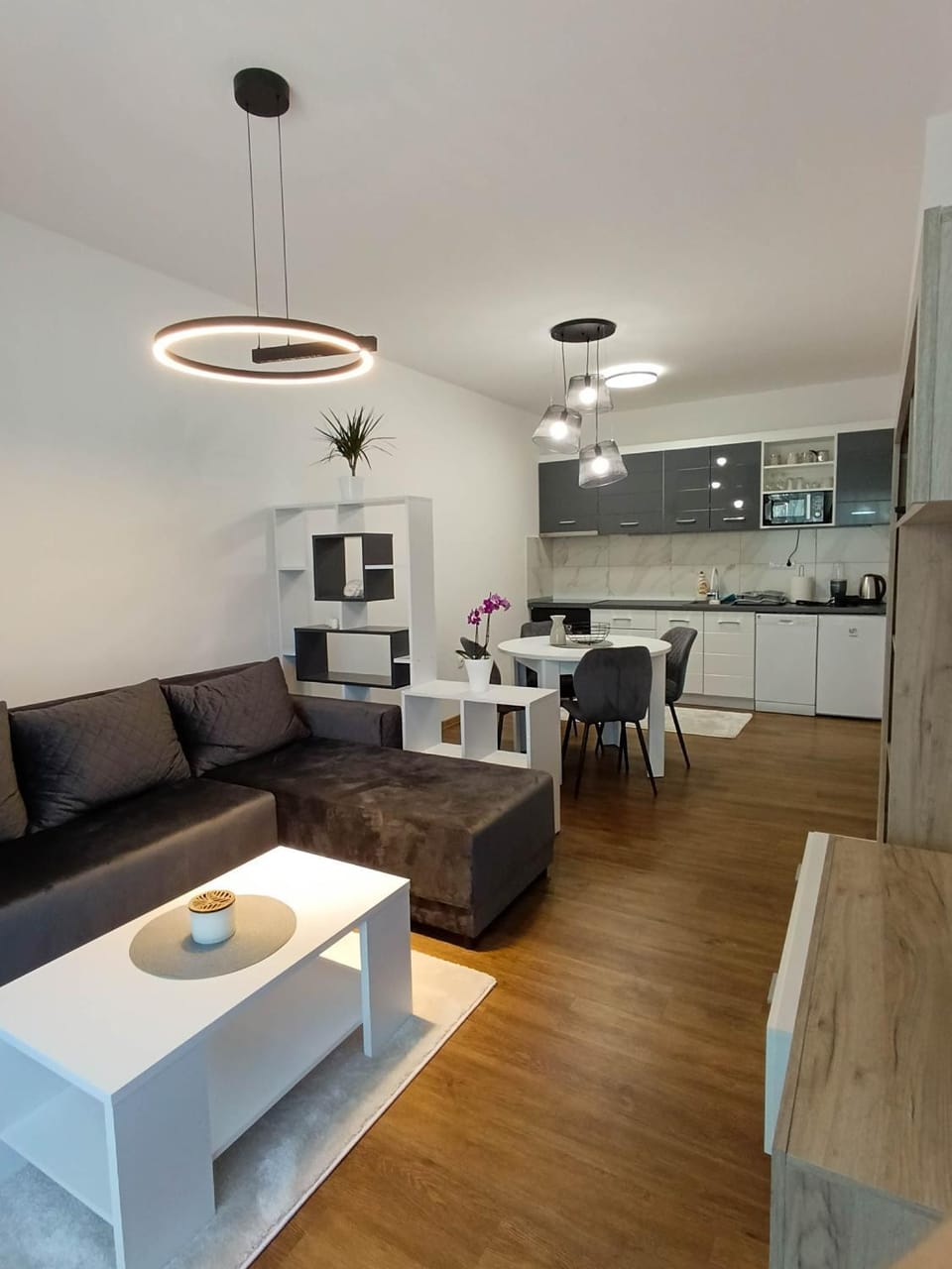 Kitchen or kitchenette, Living room, Seating area, Dining area