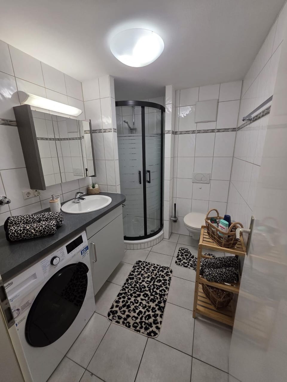 Shower, Bathroom, towels, washing machine, dryer