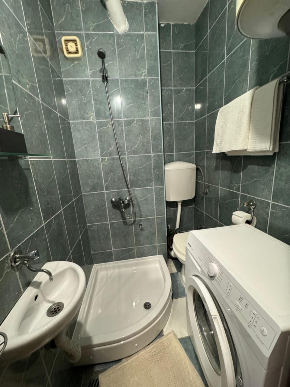 Toilet, Bathroom, towels, washing machine