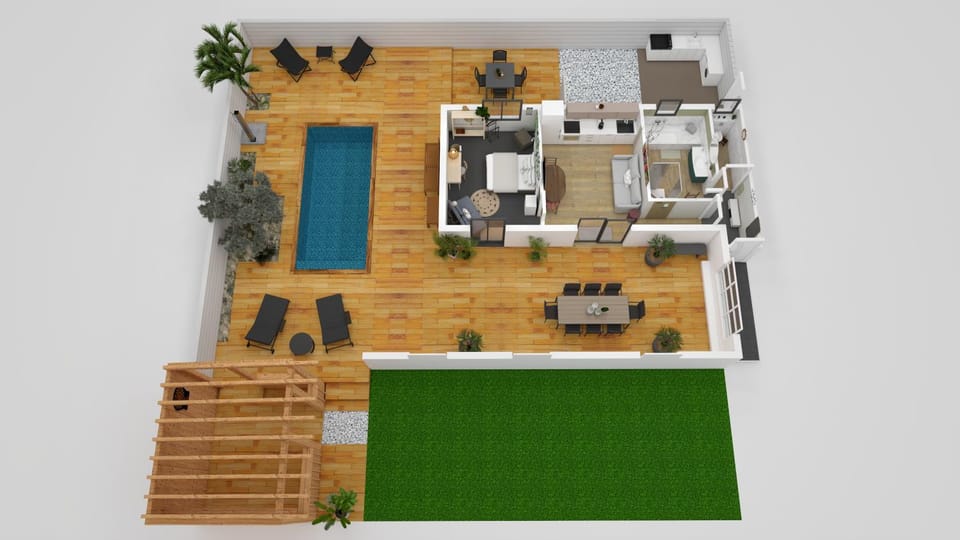 Property building, Floor plan, Pool view, Swimming pool, Swimming pool