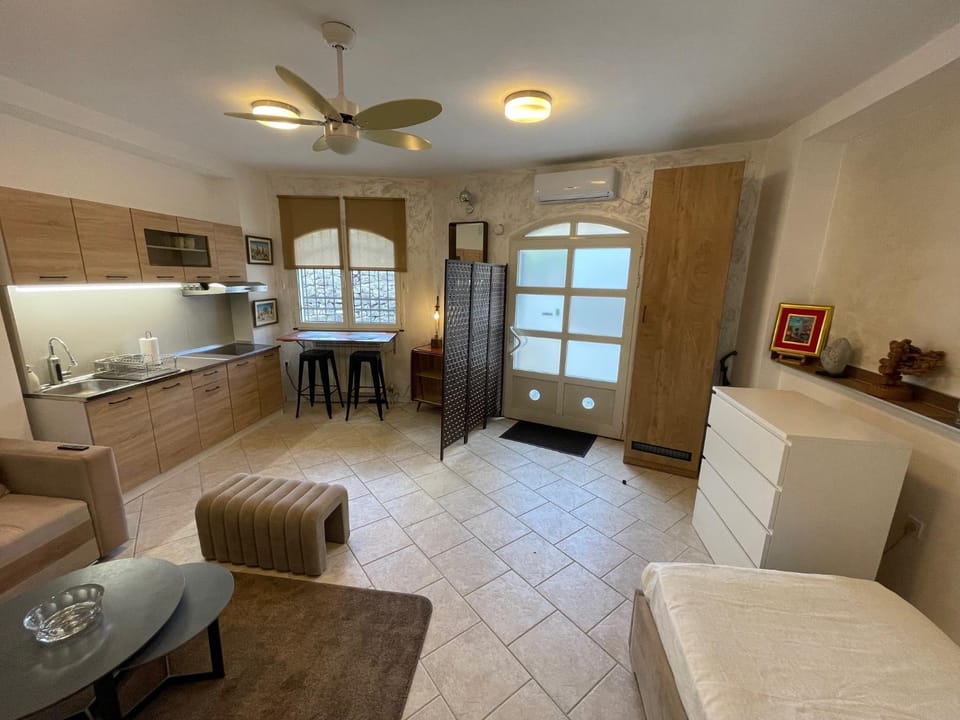 Kitchen or kitchenette, Living room, Seating area, Dining area, stove, air conditioner