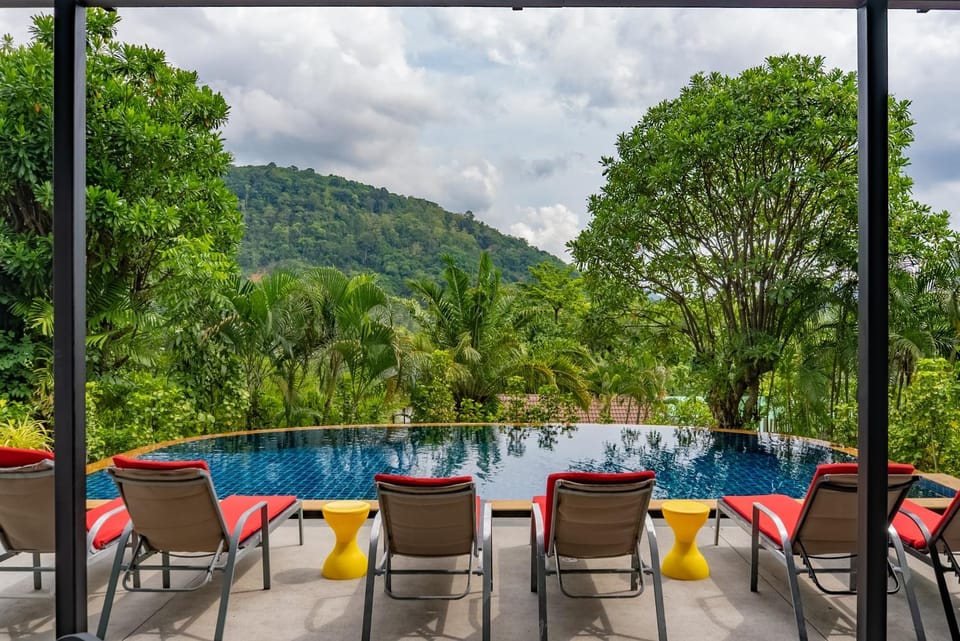 Patio, Spring, Day, Natural landscape, Garden, Seating area, Garden view, Mountain view, Pool view, Swimming pool, sunbed