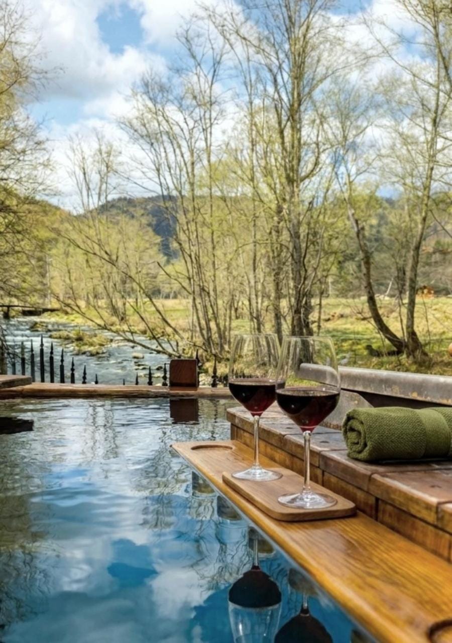 Natural landscape, Seating area, Text overlay, Mountain view, River view