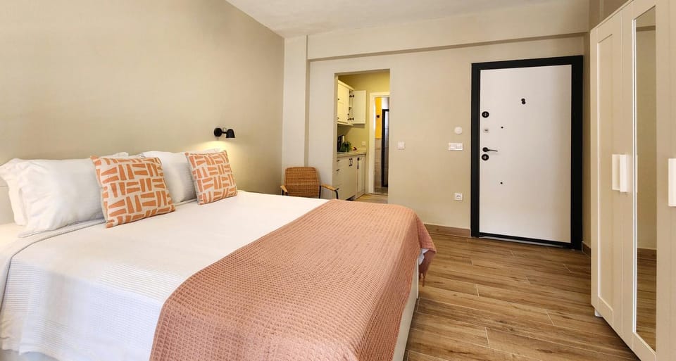Bed, wardrobe