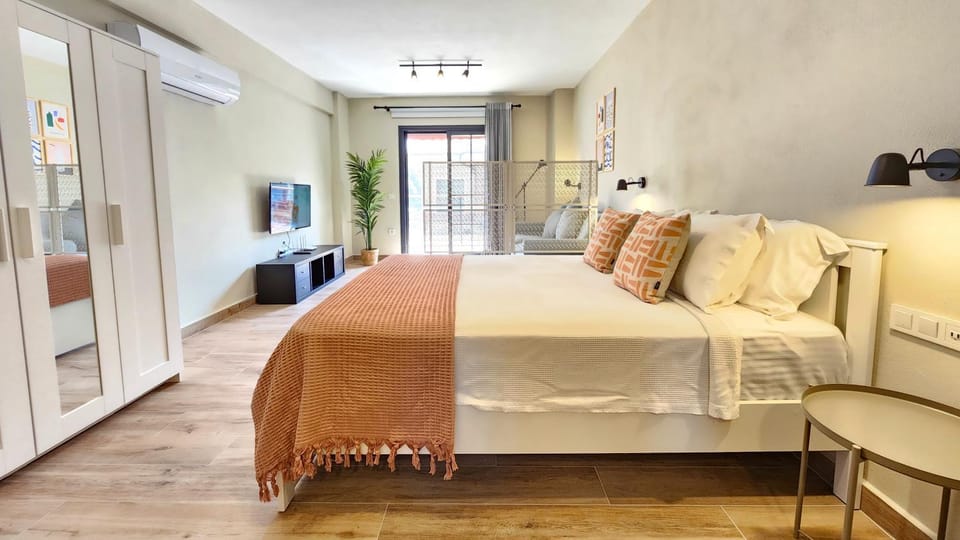Bed, wardrobe
