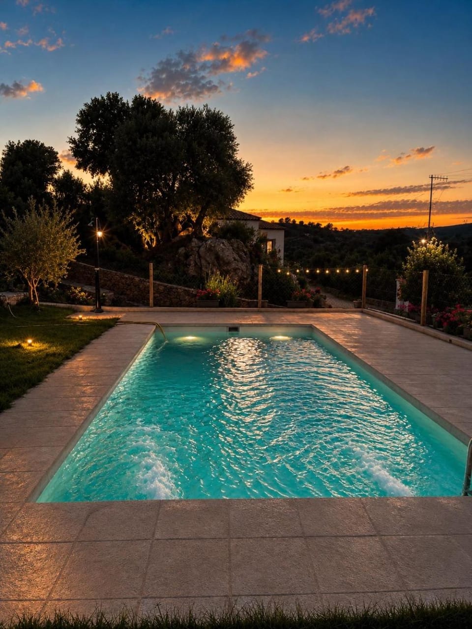 Natural landscape, Pool view, Swimming pool, Sunset