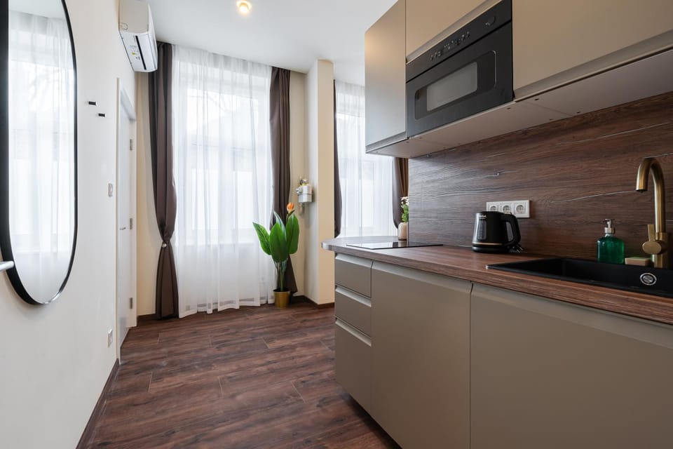 Coffee/tea facilities, View (from property/room), Kitchen or kitchenette, microwave, oven, stove