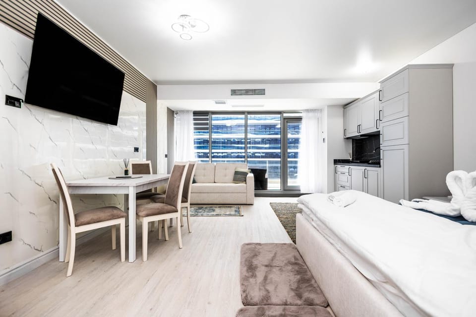 Bed, TV and multimedia, Kitchen or kitchenette, Photo of the whole room, Seating area, Dining area, Bedroom