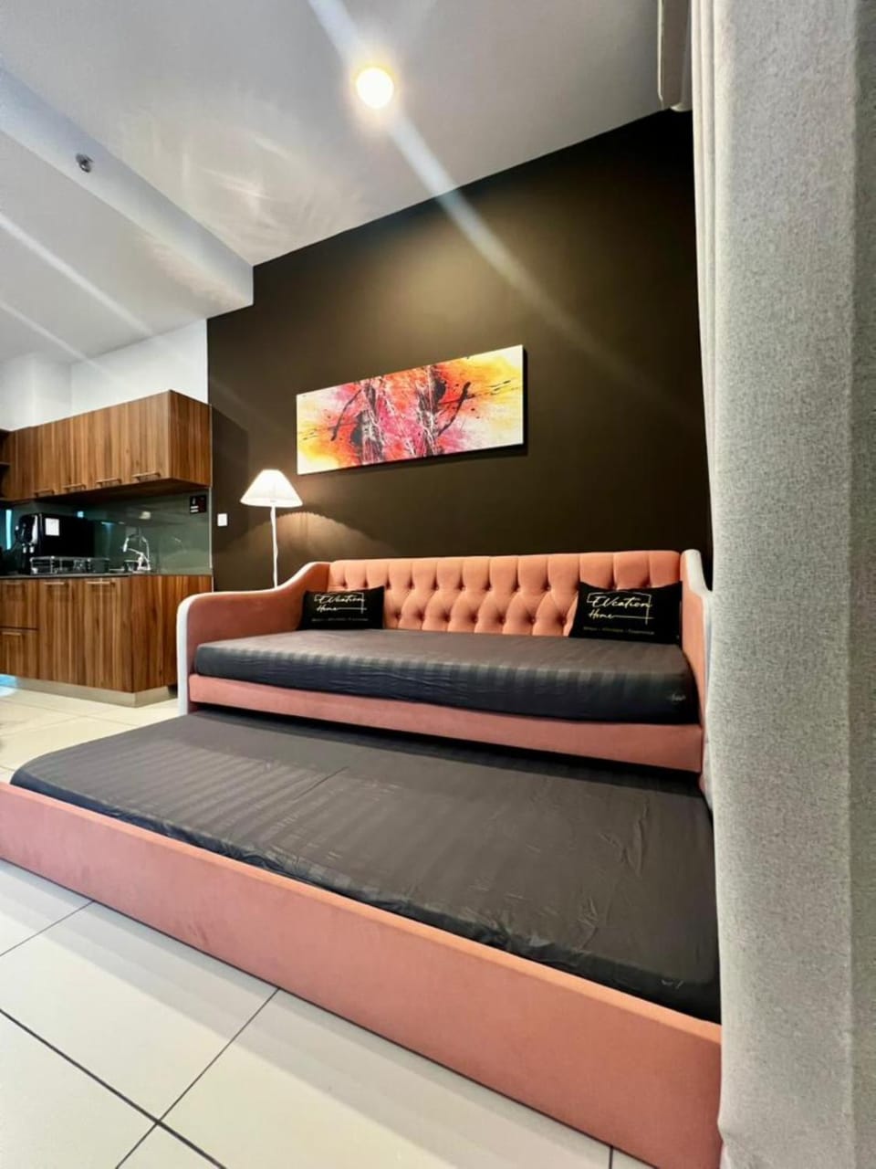 Bed, Living room, Seating area