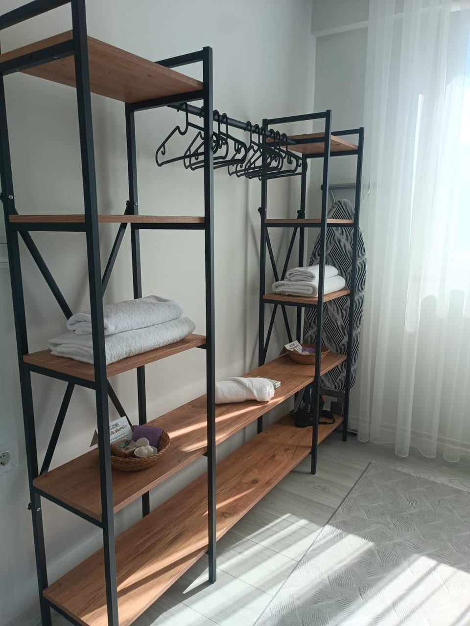 Bedroom, flat iron, towels, wardrobe